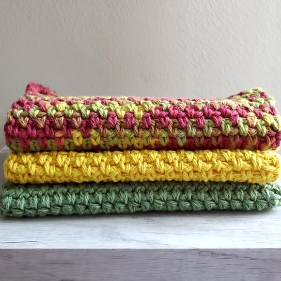 3 CROCHET DISHCLOTH WASHCLOTH 100% COTTON HANDMADE NEW Sage Green Yellow… - Picture 7 of 10
